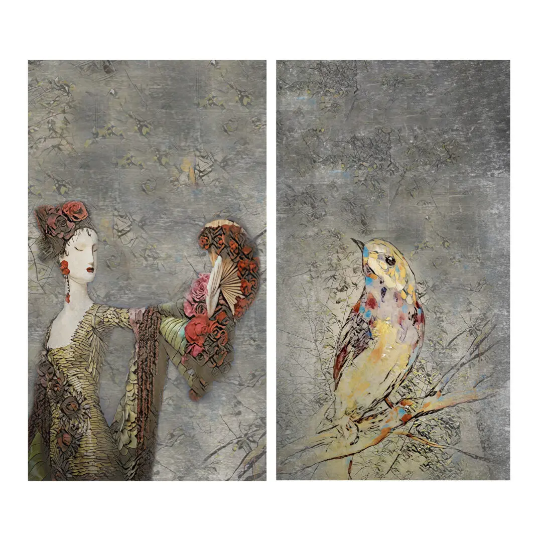 A painting of two women and a bird