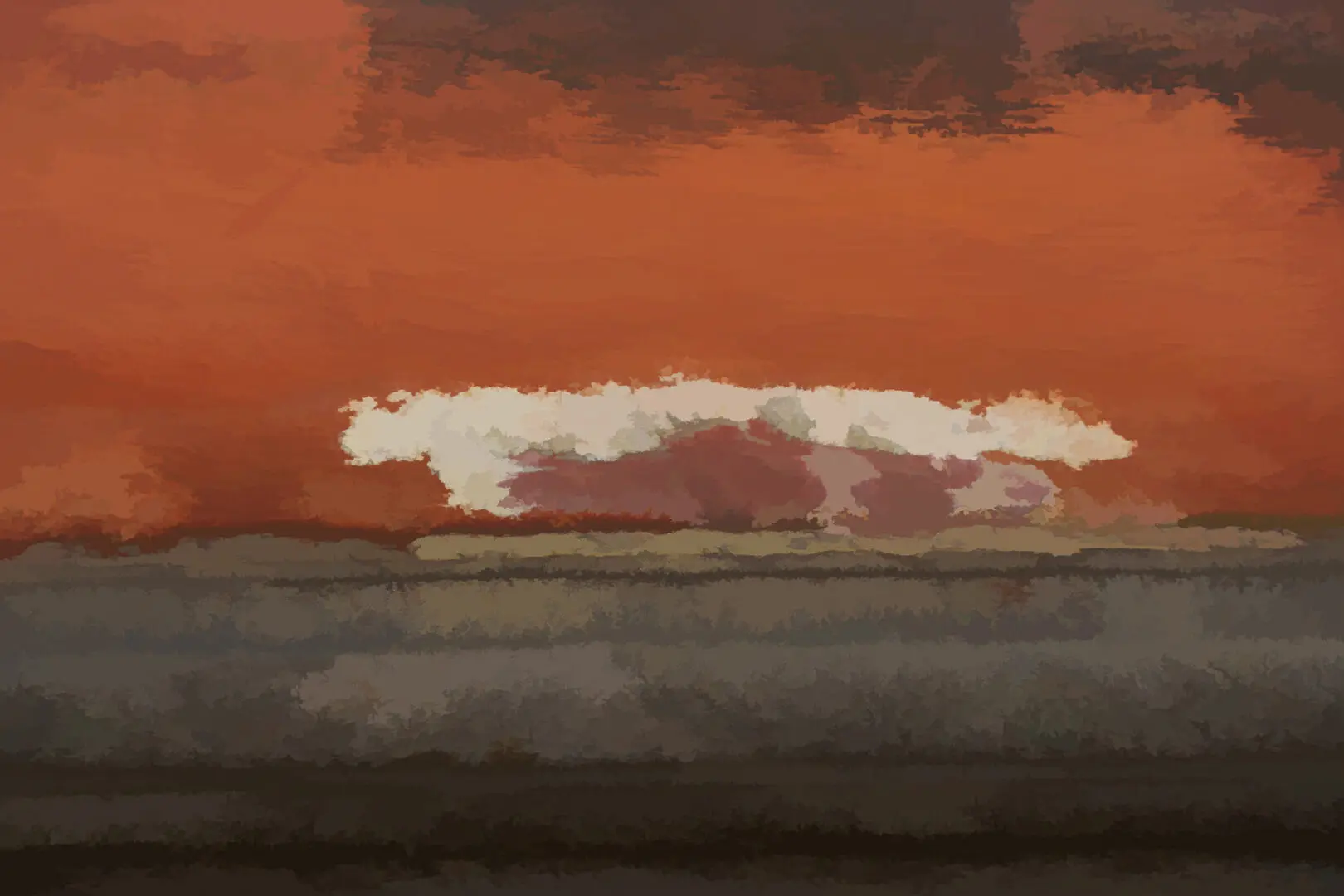 A painting of an orange sky with clouds