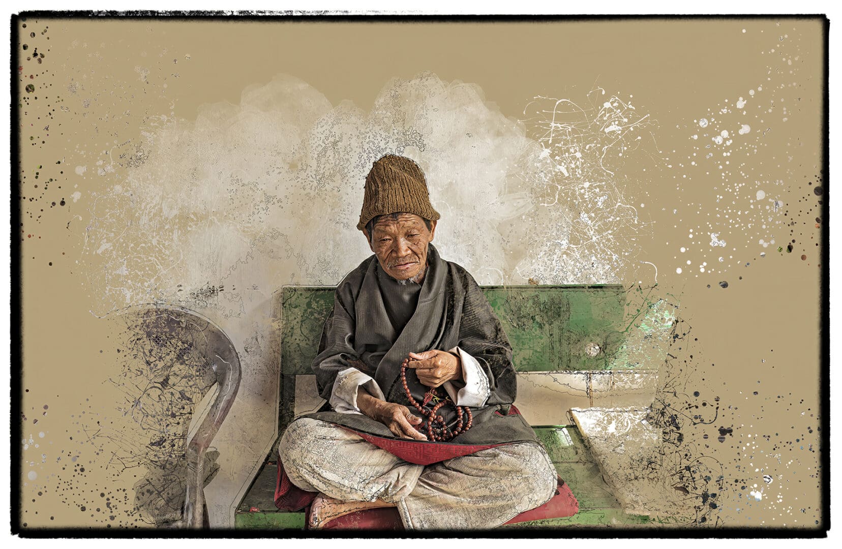 A woman sitting on top of a green couch.