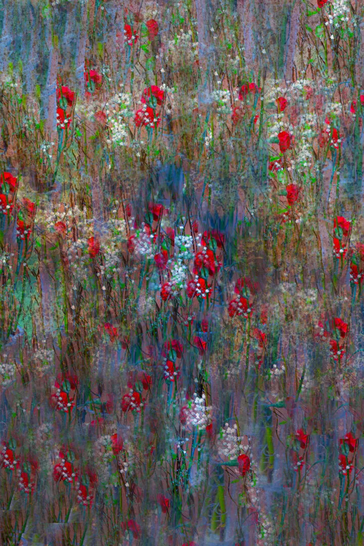 A painting of red flowers in the grass.