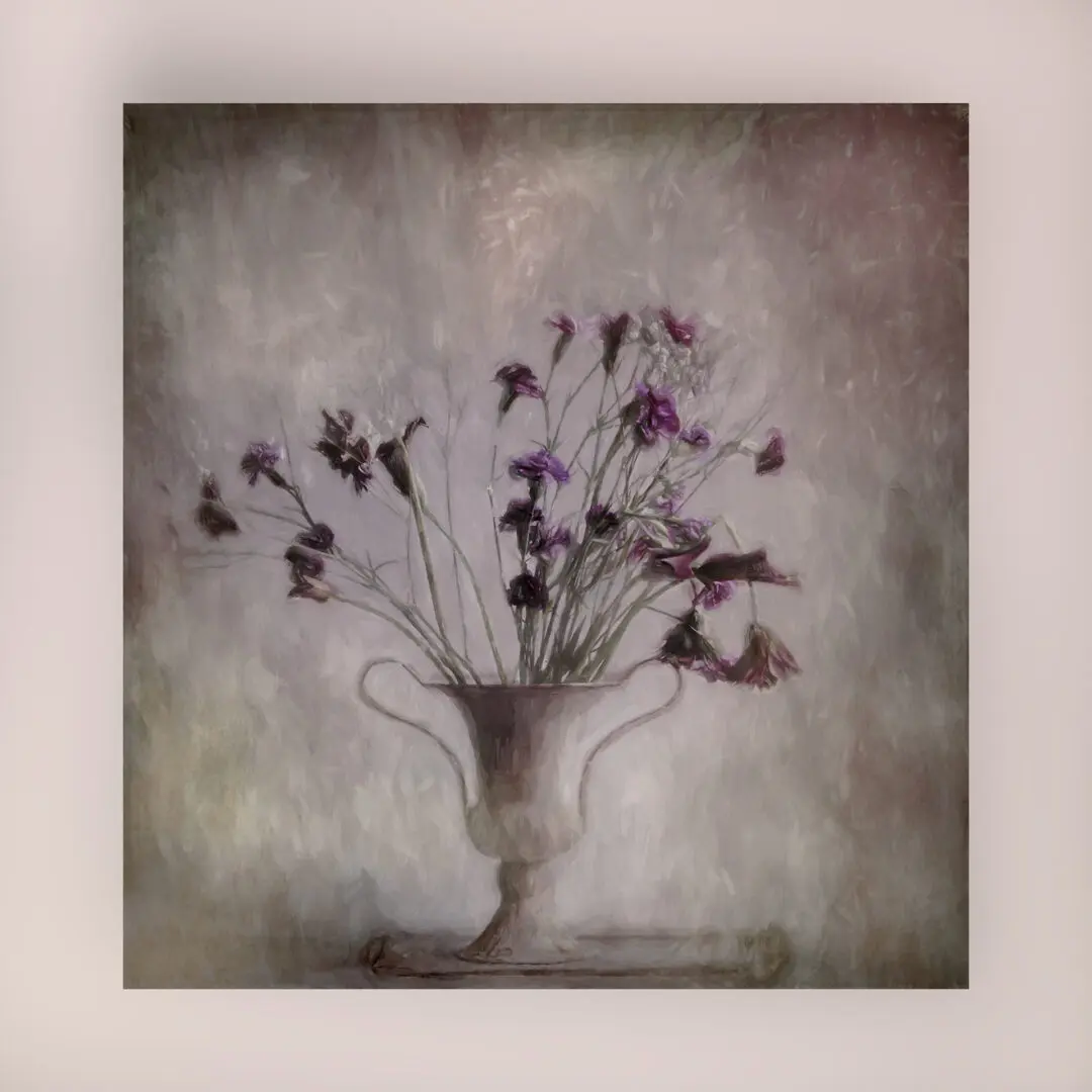 A painting of flowers in a vase on the wall.