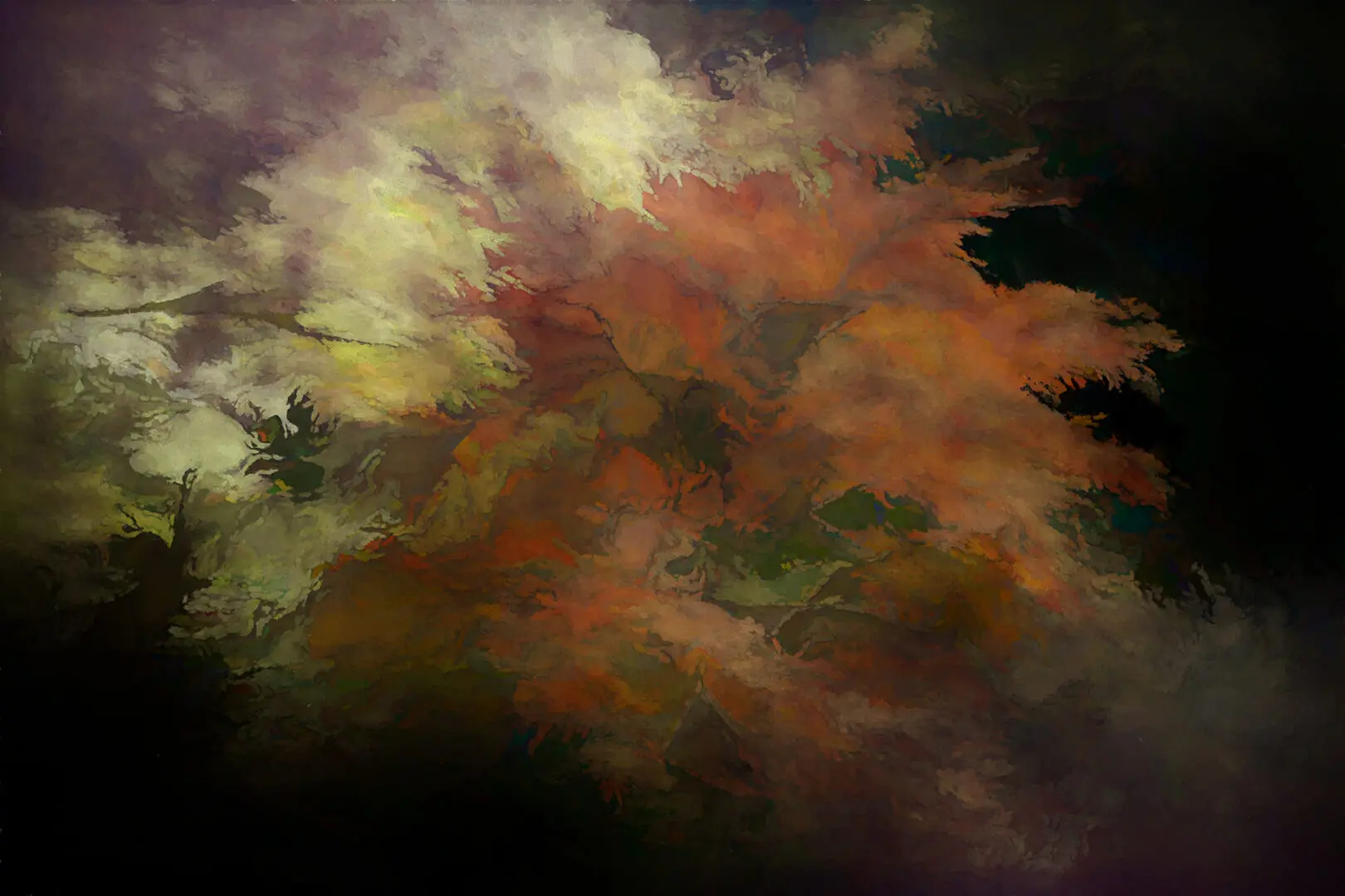 A painting of clouds in the sky with red and green colors.