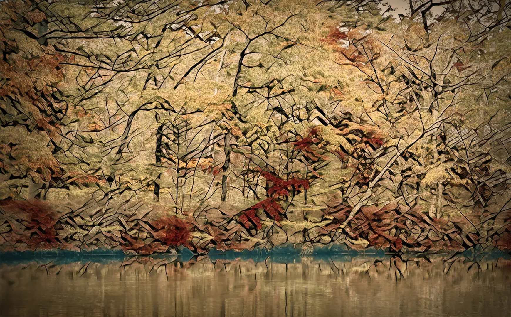 A painting of trees and water with red spots.