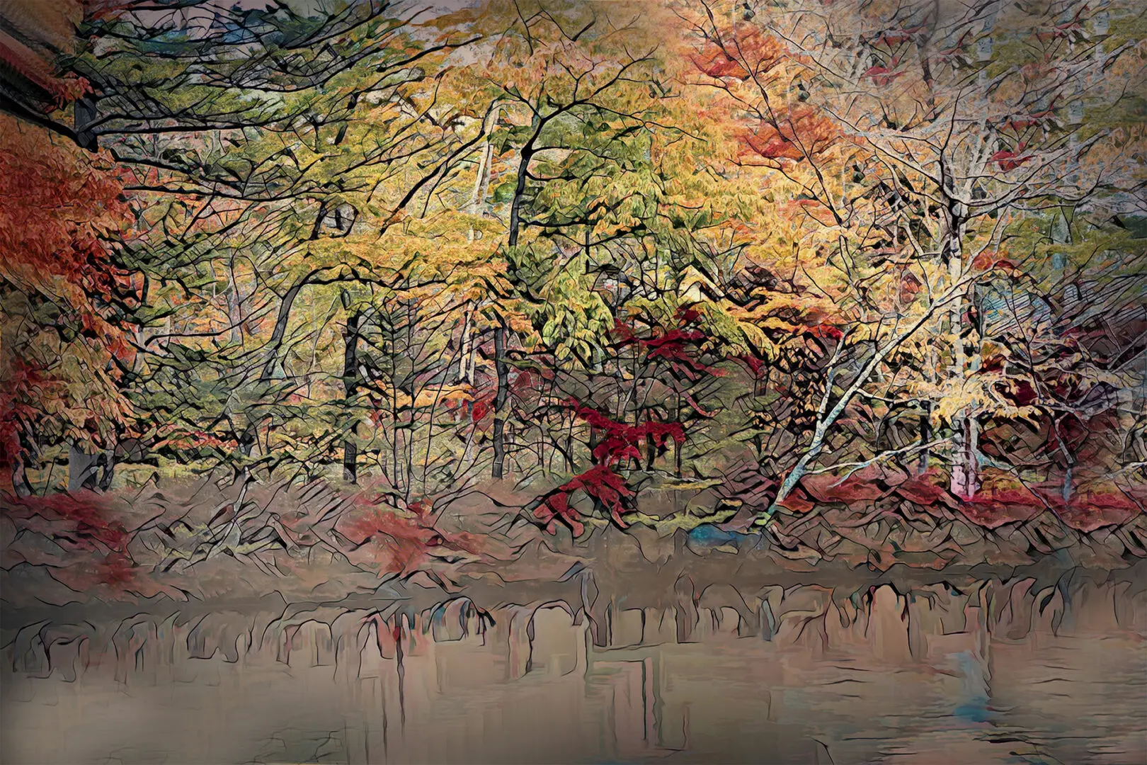 A painting of trees in the woods with water