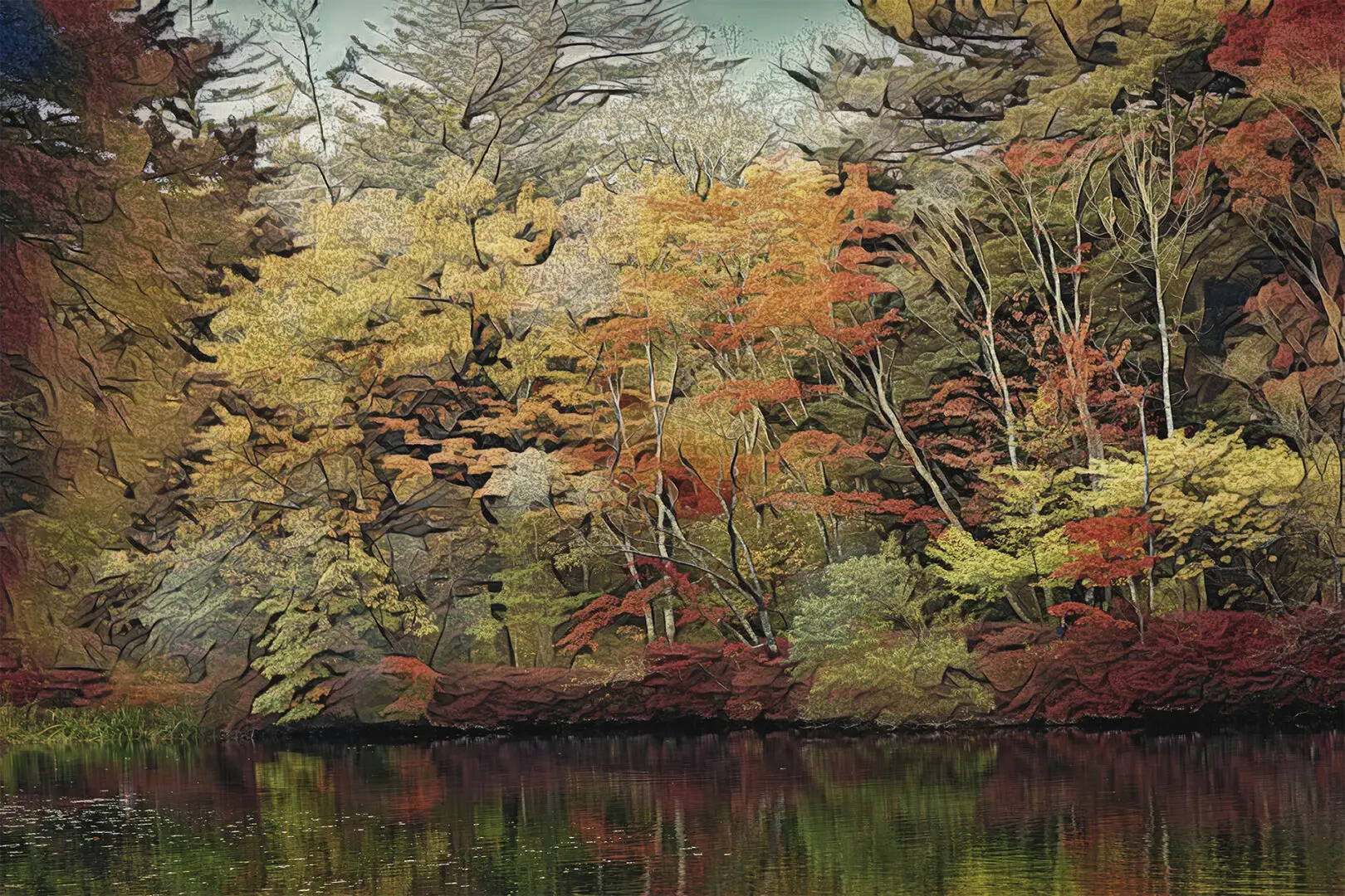 A painting of trees and water in the foreground.