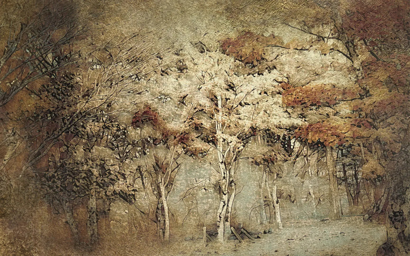 A painting of trees in the middle of a field.