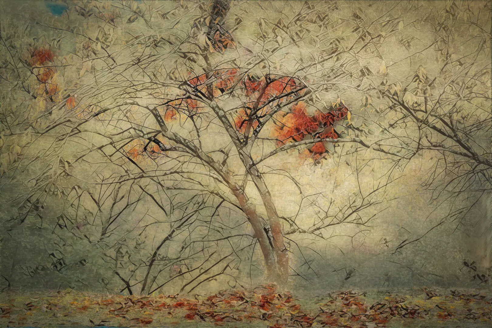 A painting of an autumn tree with leaves on it.