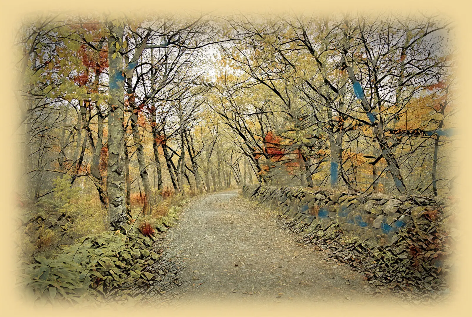 A painting of trees and dirt road with colorful leaves.