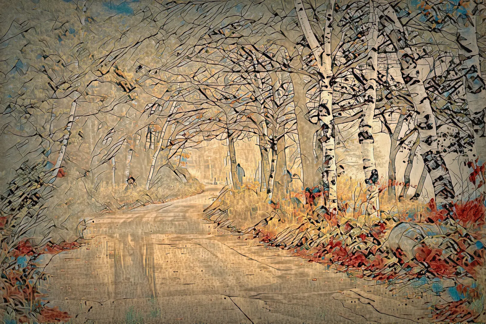 A painting of trees and bushes in the woods