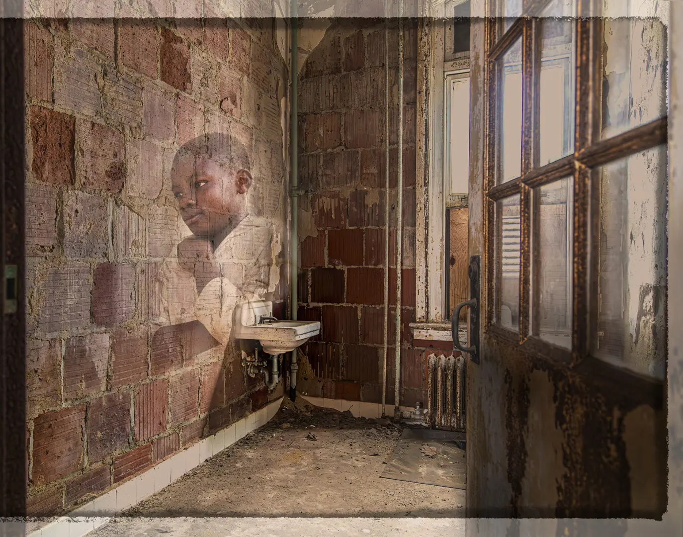 A child sitting in the corner of a room.