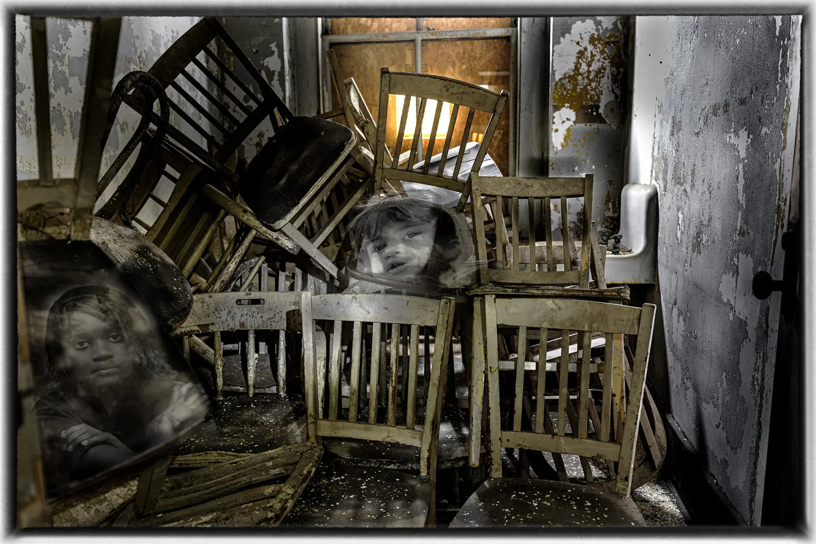 A pile of wooden chairs in the middle of a room.