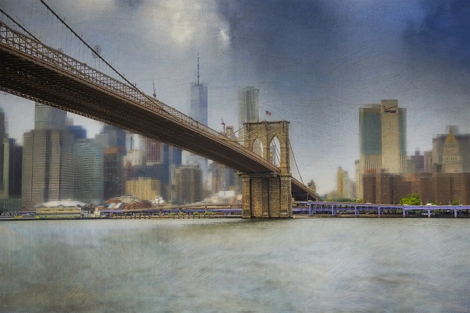 A painting of the brooklyn bridge and new york city.