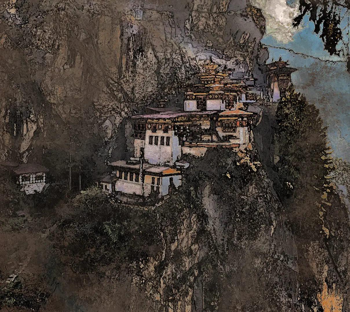 A painting of a house on top of a mountain