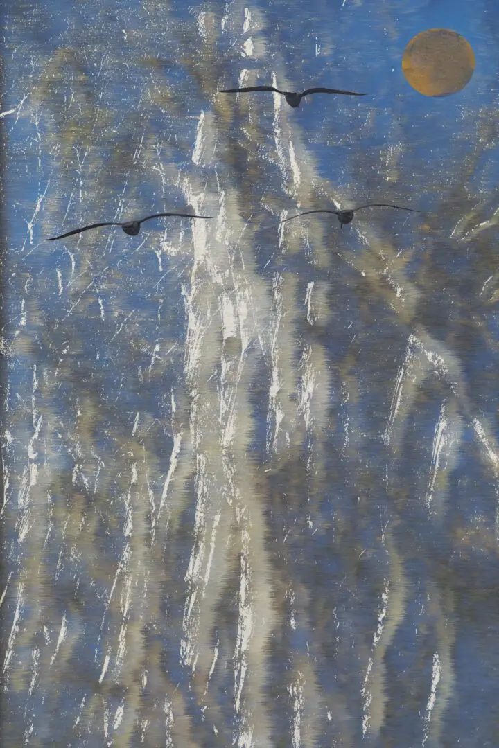 A bird flying over trees in the water.