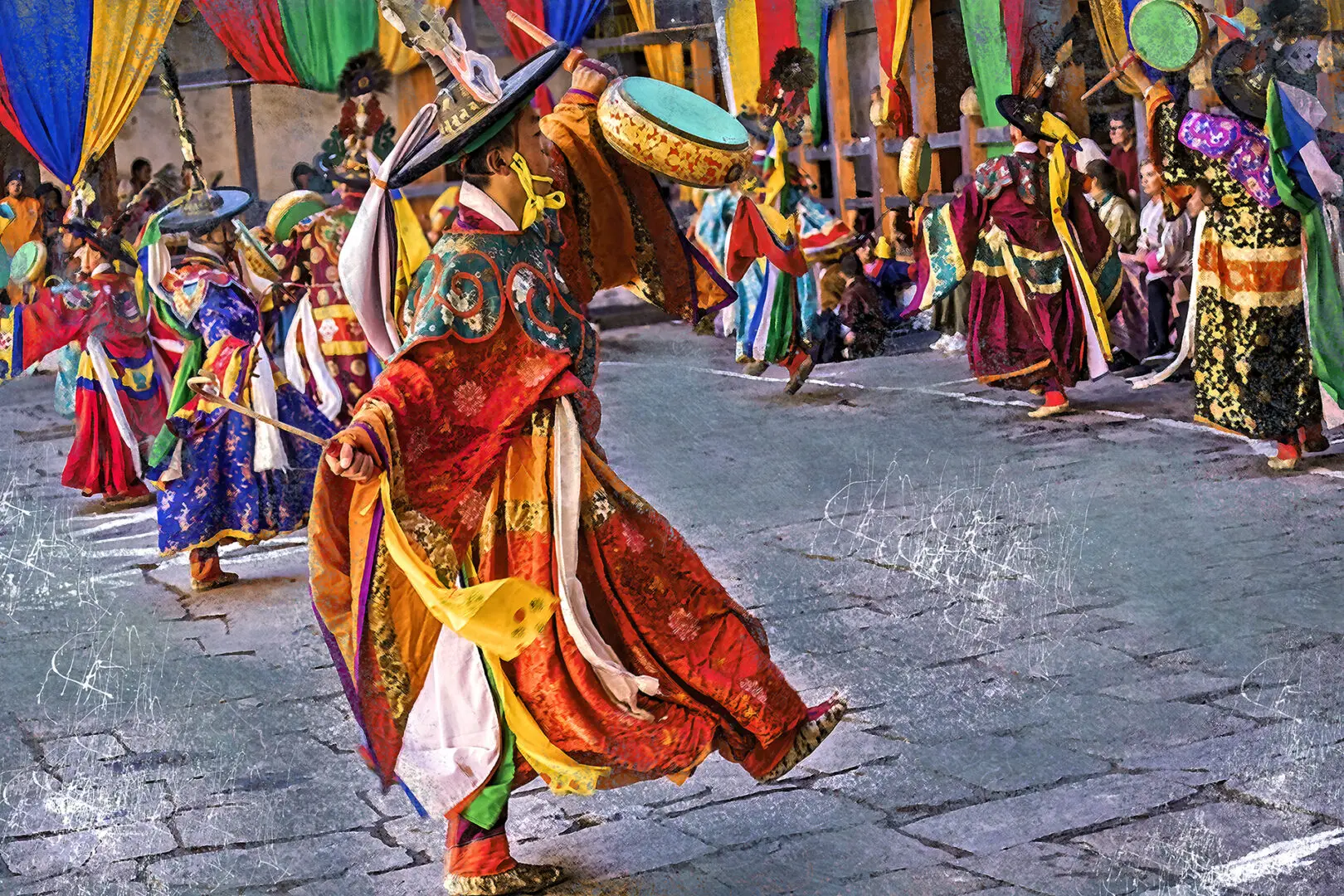 A group of people in colorful costumes dancing.